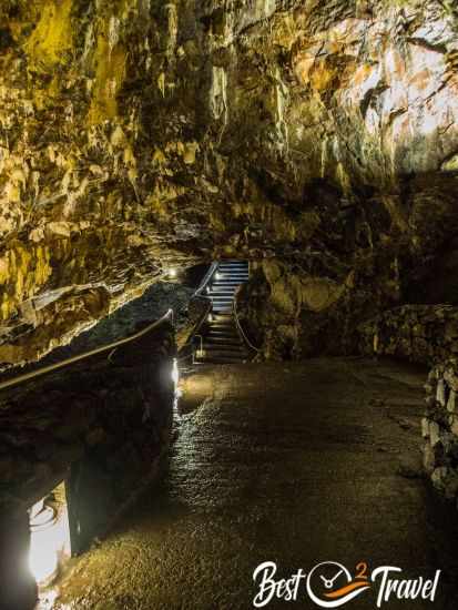 Inside the cave with the lake and the stalactites