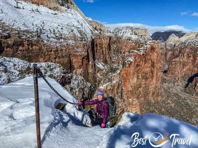 A female hiker reaching Angels Landing.