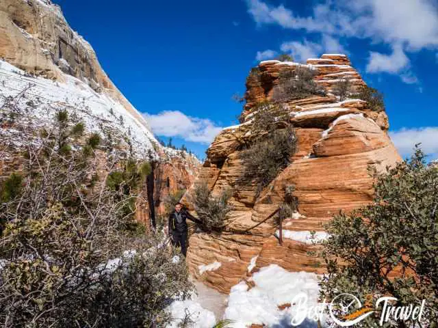 A hiker reaching the top almost at the end of Angels Landing.