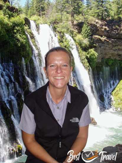 A visitor on the upper overlook to Burney Falls