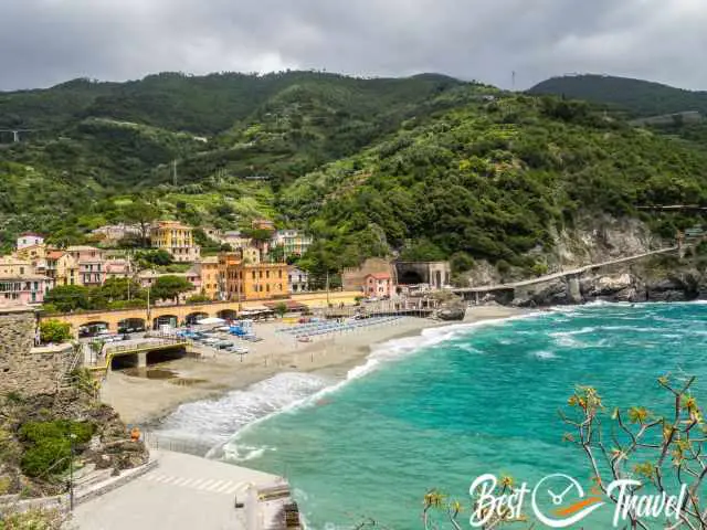 The turquoise sea and beach at Monterosso al Mare.