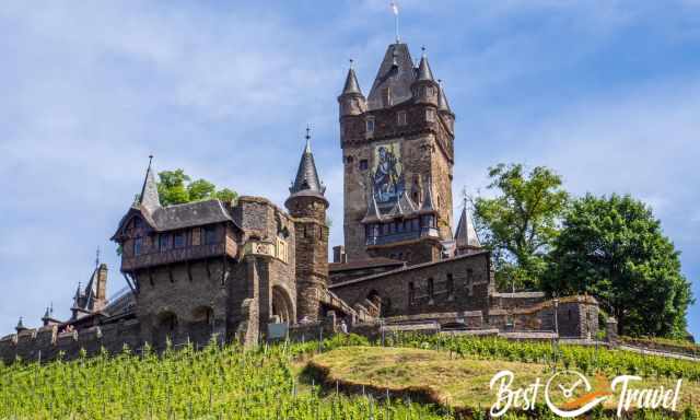 View to the main tower and the wineries of Cochem Castle.