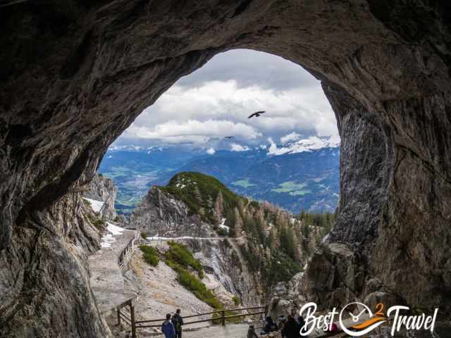 The view out of the cave to the opposite mountain range.