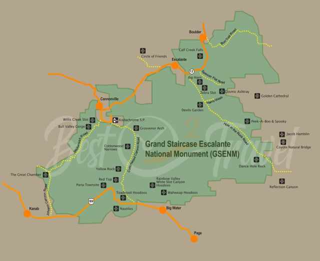 Grand Staircase Escalante Map with all 17 Highlights