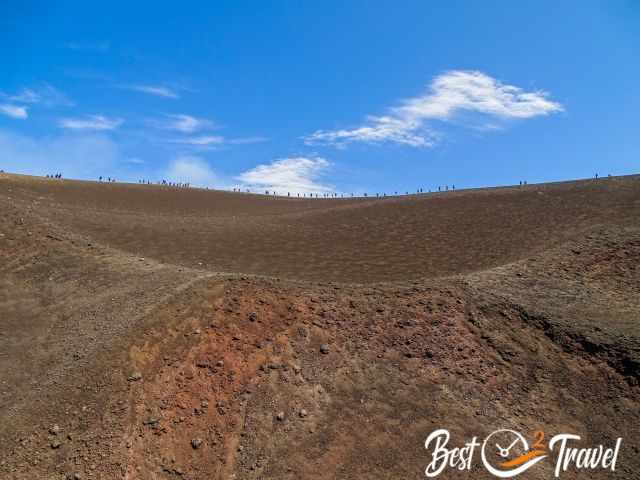 Lots of people walking on a crater rim of Etna