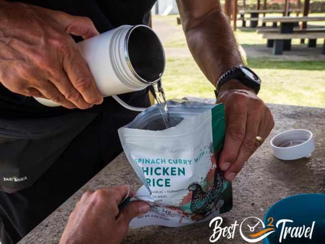 Boiled water filled into a dehydrated meal.