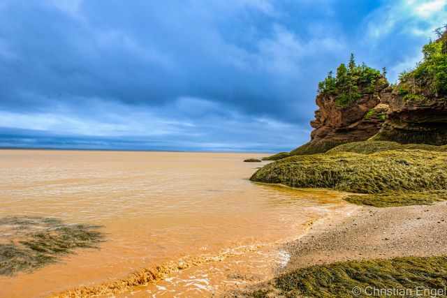 A partly cloudy day and the brown muddy sea at Hopewell Rocks