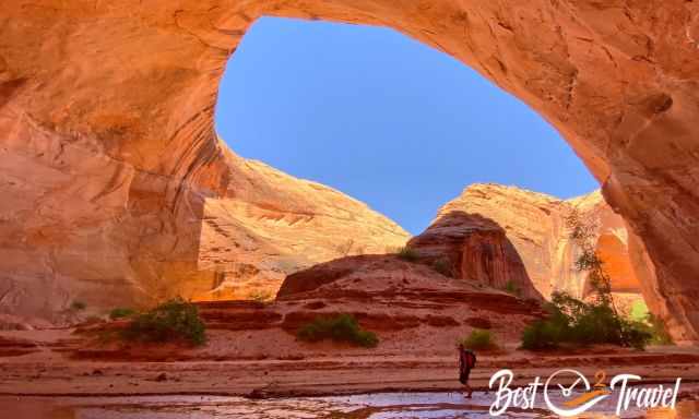 The orange shimmering walls and a hiker under Jakob Hamlin Arch