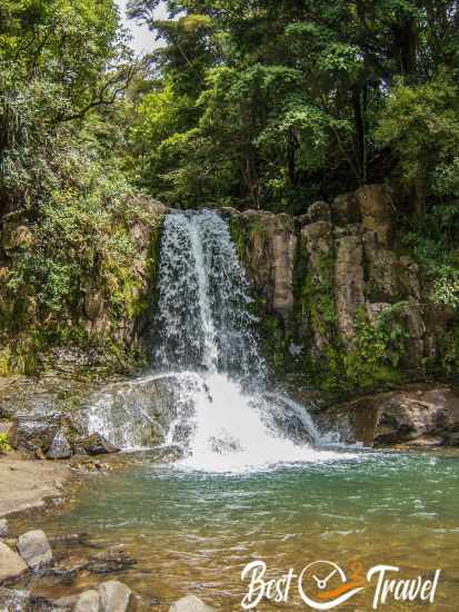Waiau Waterfall plunges 6 m deep into the emerald green pool.