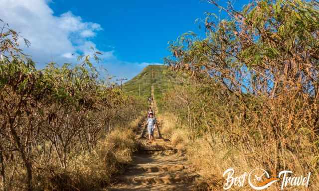 A younger boy on the Koko Head Stairs Trail