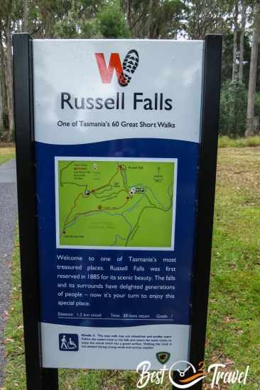 Information board and trails around Russell Falls and Mount Field.