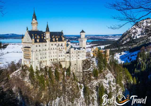 View to Neuschwwanstein covered with snow in winter.