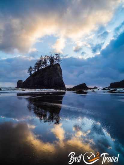 Second Beach and the prominent sea stack at sunset