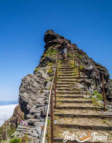 The steep staircase with a blue sky in the back