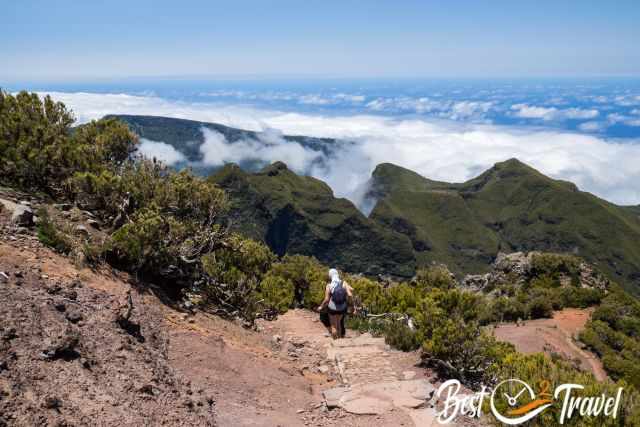 Hikers on the trail and view to the clouds in the north