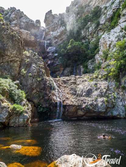 A swimmer in a tarnine coloured pool and at a waterfall.