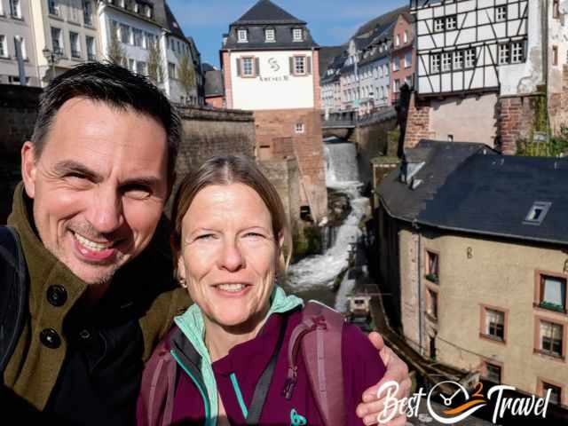 A selfie of us with the Saarburg Waterfall in the back