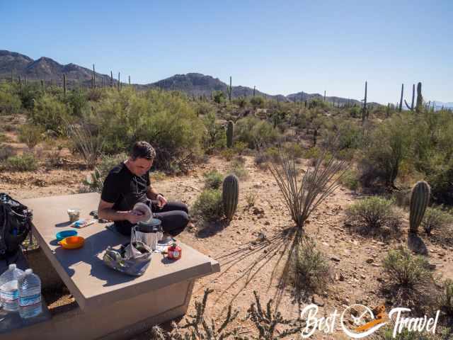 A visitor at a picnic table in Saguaro West.