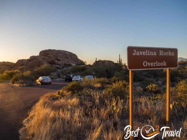 The Javelina Rocks overlook and parking at sunset.