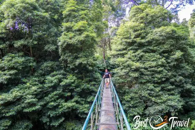 A hiker on a narrow metal suspension bridge at the power station.