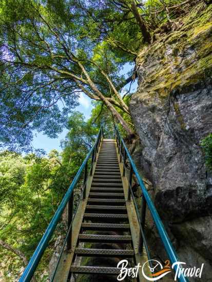 A long staircase leading down to the bottom of the waterfall.