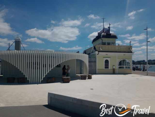 The new pier with seating area and restrooms.