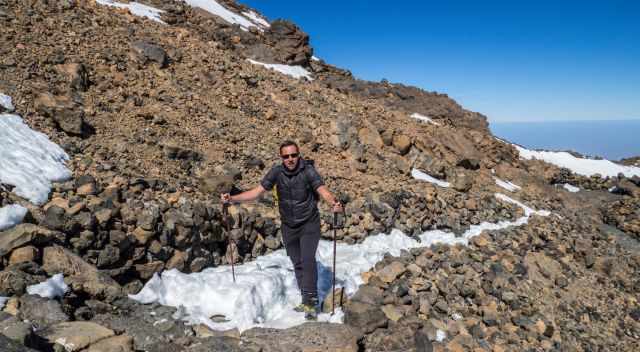 A hiker in the snow at Teide