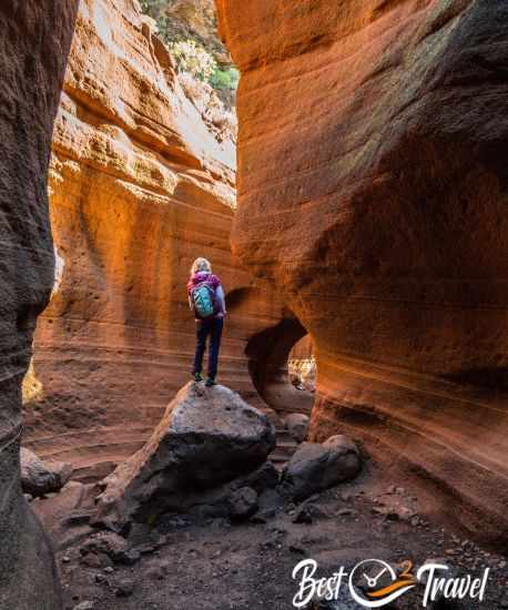 A woman in the long appearing Barranco de las Bacas