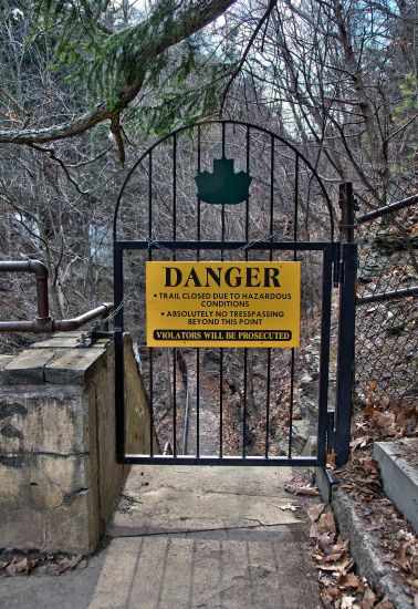 A danger sign at the closed gate at Watkins Glen