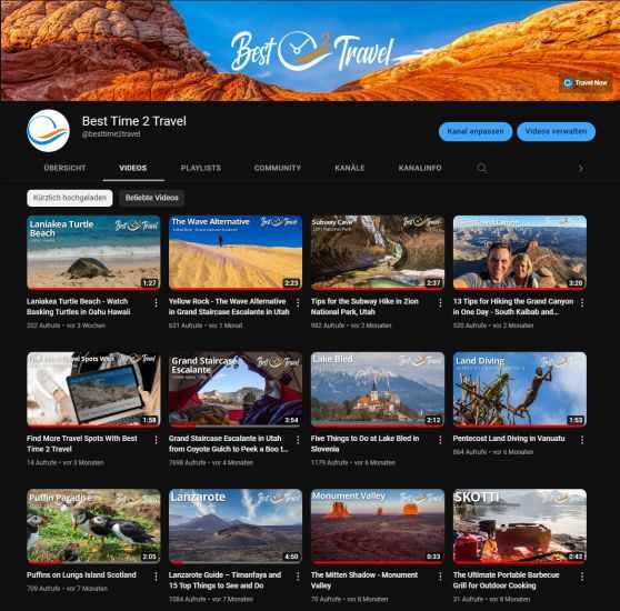 Screenshot YouTube Channel besttime2travel.com