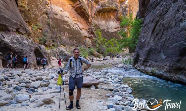 A hiker in the Narrows early morning